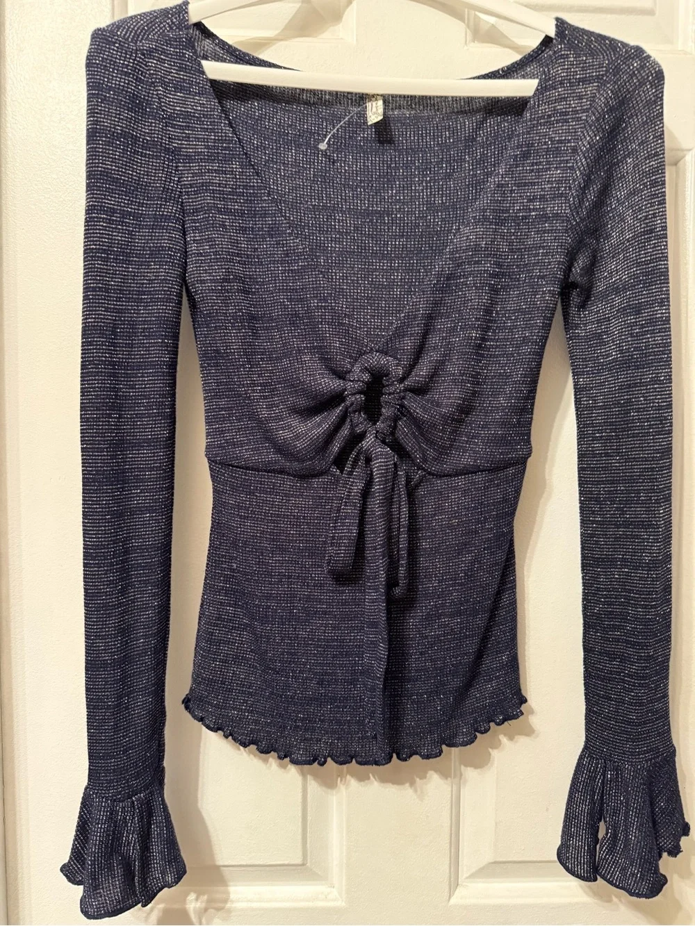 Intimately Free People Navy Metallic Ruched Tie Front Bell Sleeve Top XS NWOT